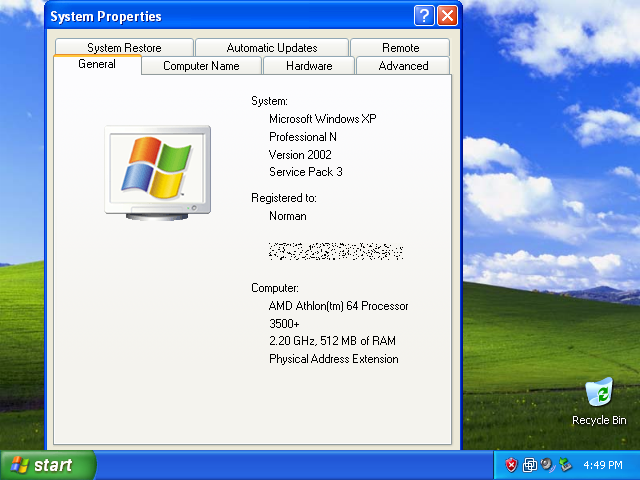 Windows XP Professional N Systemeigenschaften