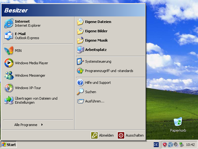 Das klassische XP Startmenü